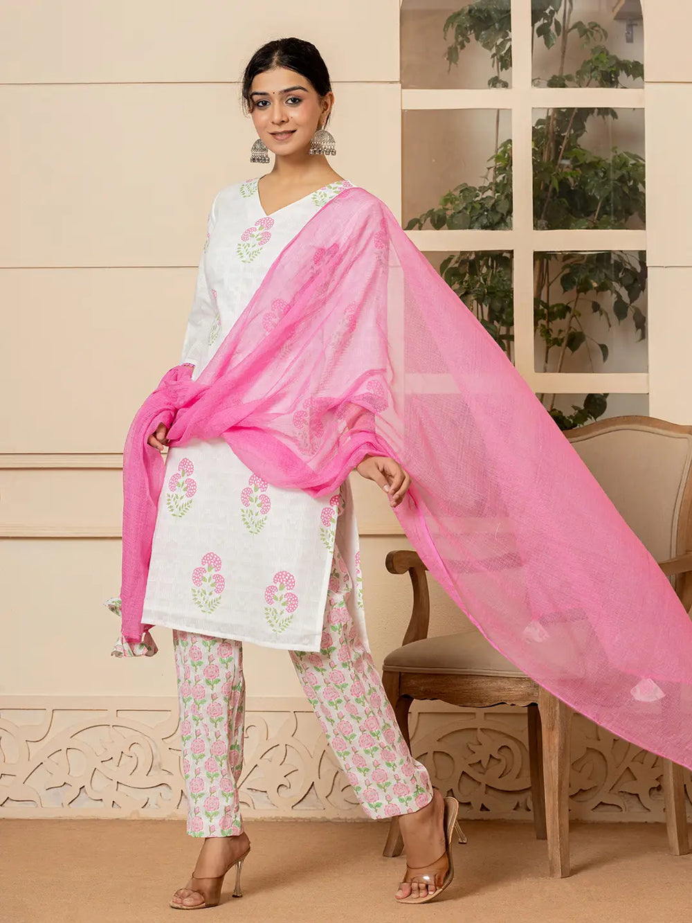 White-And-Pink-Cotton-Floral-Printed-3-Piece-Kurta-Set