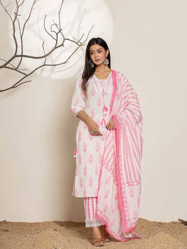 White-And-Pink-Cotton-Floral-Print-Straight-3-Piece-Kurta-Set