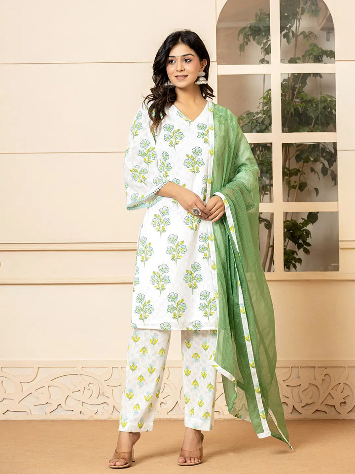 White-And-Teal-Blue-Cotton-Floral-Print-3-Piece-Kurta-Set