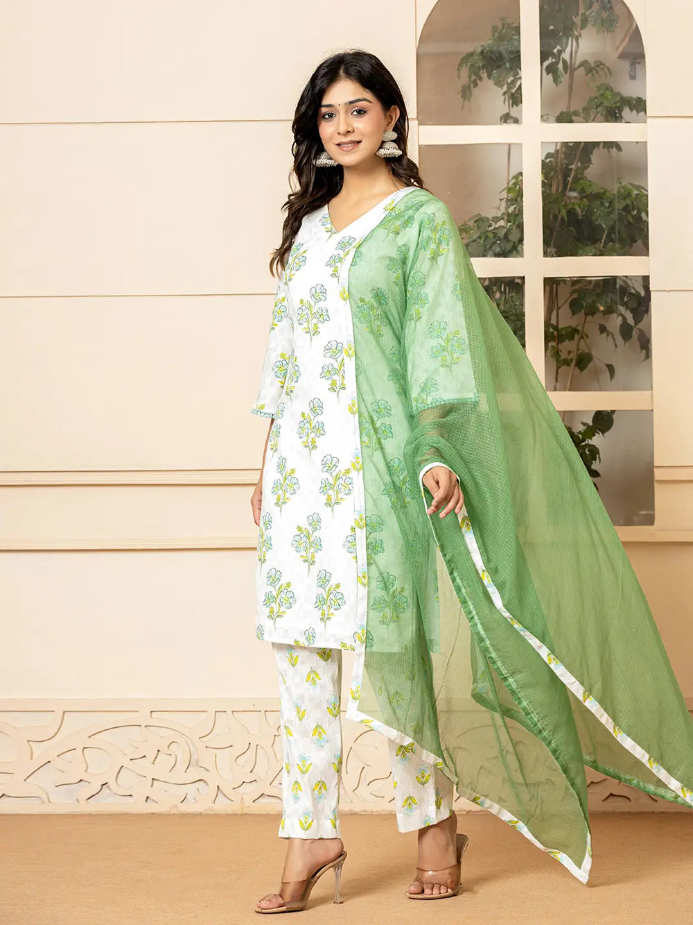 White-And-Teal-Blue-Cotton-Floral-Print-3-Piece-Kurta-Set