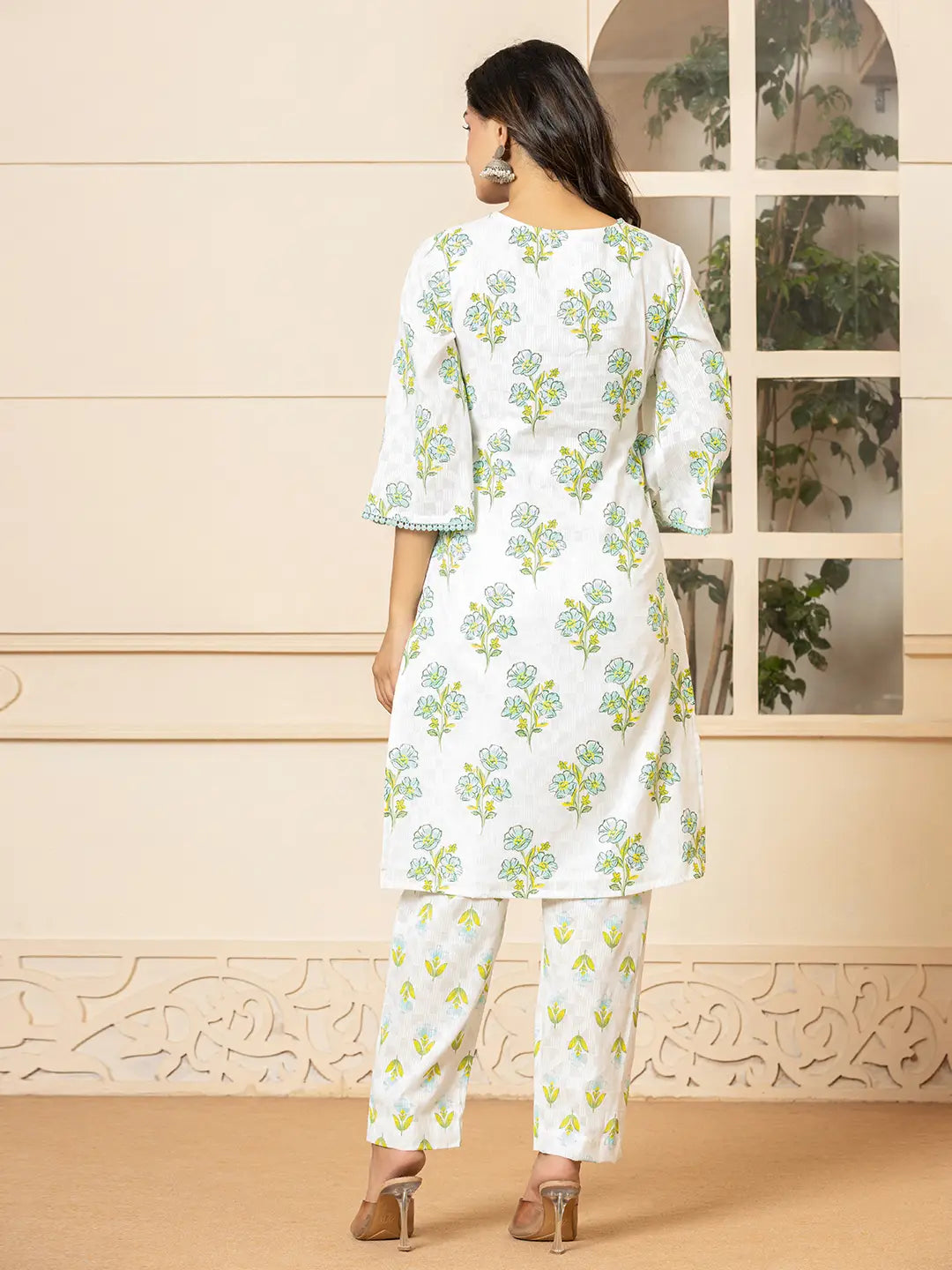 White-And-Teal-Blue-Cotton-Floral-Print-3-Piece-Kurta-Set