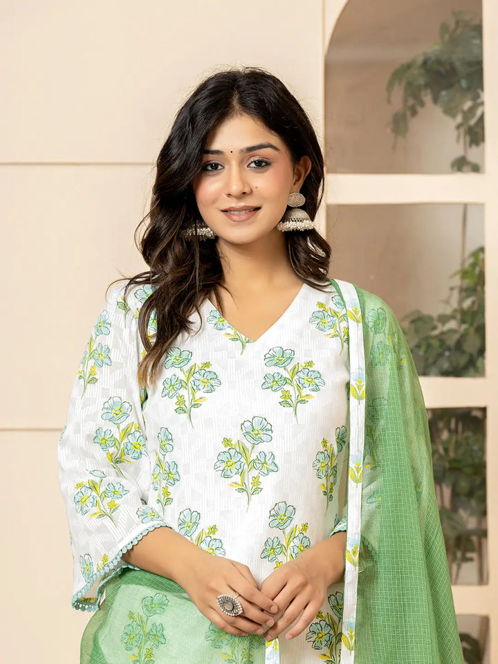 White-And-Teal-Blue-Cotton-Floral-Print-3-Piece-Kurta-Set