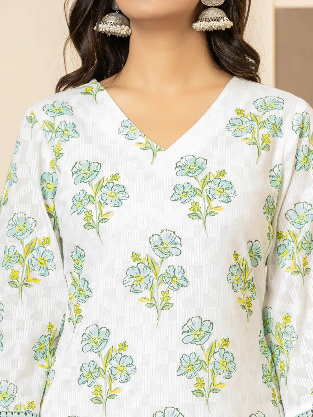 White-And-Teal-Blue-Cotton-Floral-Print-3-Piece-Kurta-Set