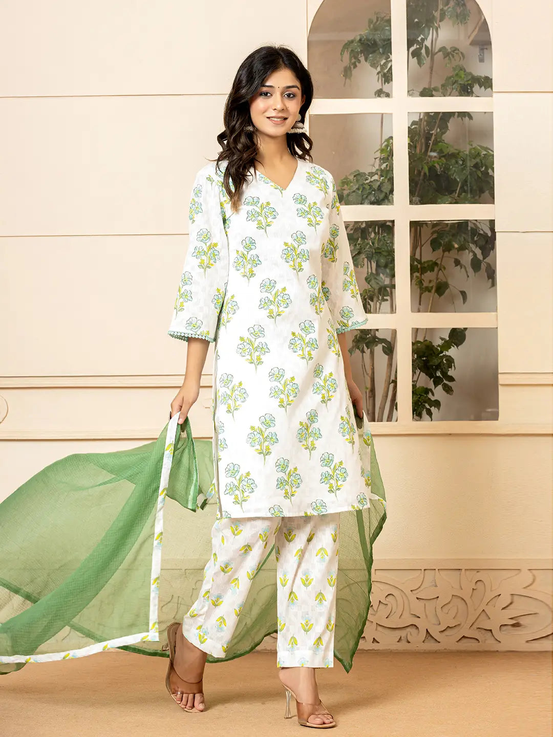 White-And-Teal-Blue-Cotton-Floral-Print-3-Piece-Kurta-Set