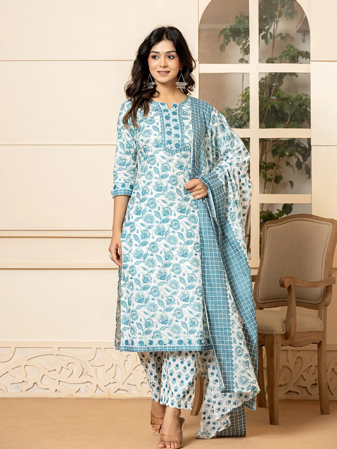 White-Cotton-Floral-Printed-3-Piece-Kurta-Set