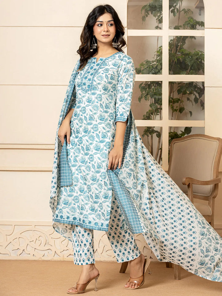 White-Cotton-Floral-Printed-3-Piece-Kurta-Set