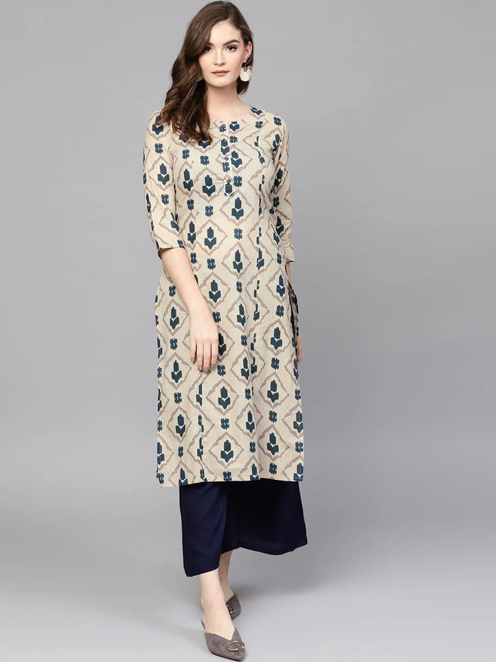 Beige-&-Navy-Blue-Pure-Cotton-Printed-Kurta