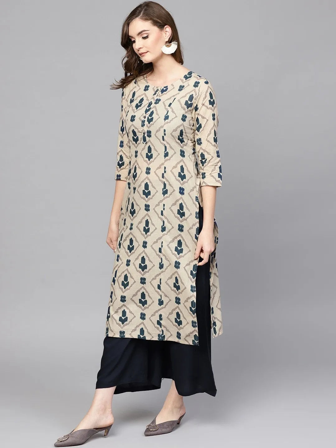 Beige-&-Navy-Blue-Pure-Cotton-Printed-Kurta