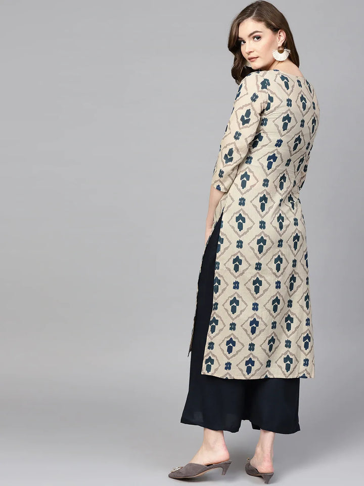 Beige-&-Navy-Blue-Pure-Cotton-Printed-Kurta