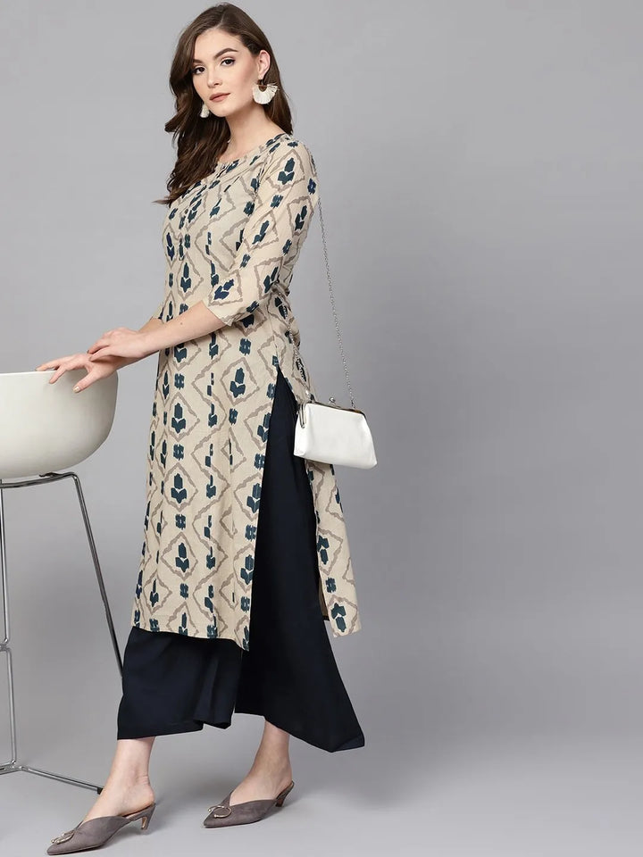 Beige-&-Navy-Blue-Pure-Cotton-Printed-Kurta