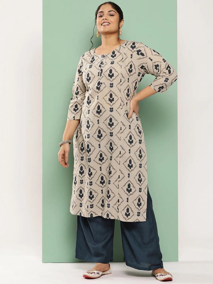 Beige-&-Navy-Blue-Pure-Cotton-Printed-Plus-Size-Kurta