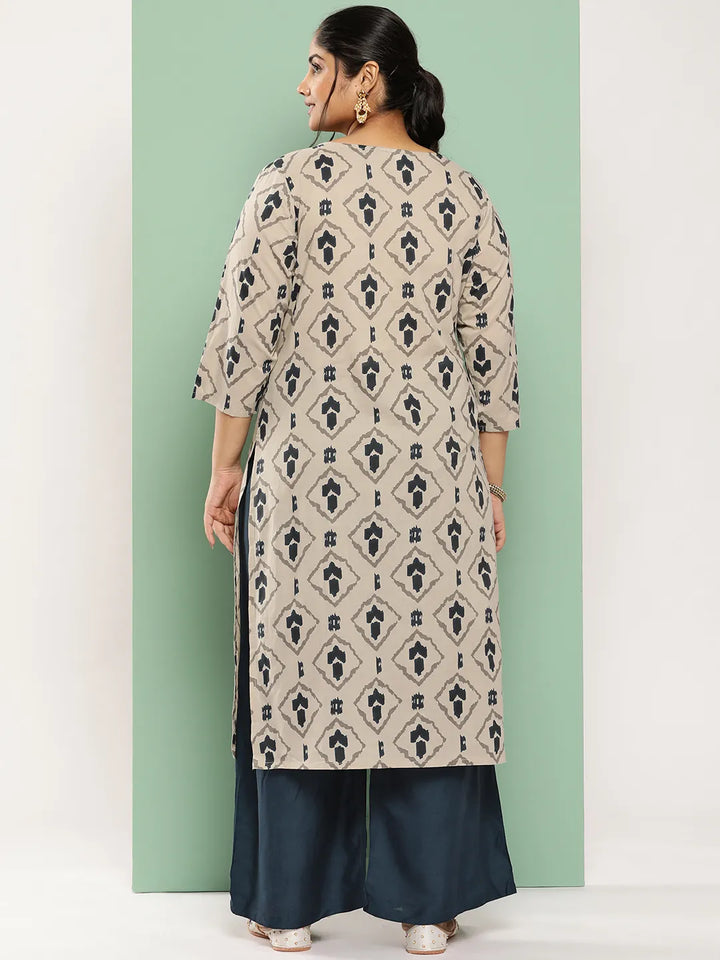 Beige-&-Navy-Blue-Pure-Cotton-Printed-Plus-Size-Kurta