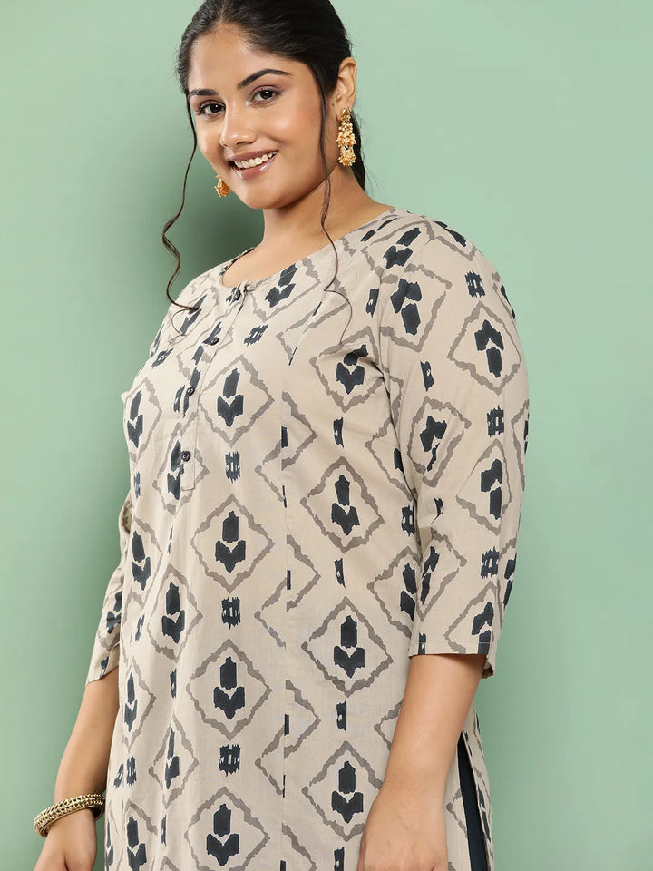 Beige-&-Navy-Blue-Pure-Cotton-Printed-Plus-Size-Kurta