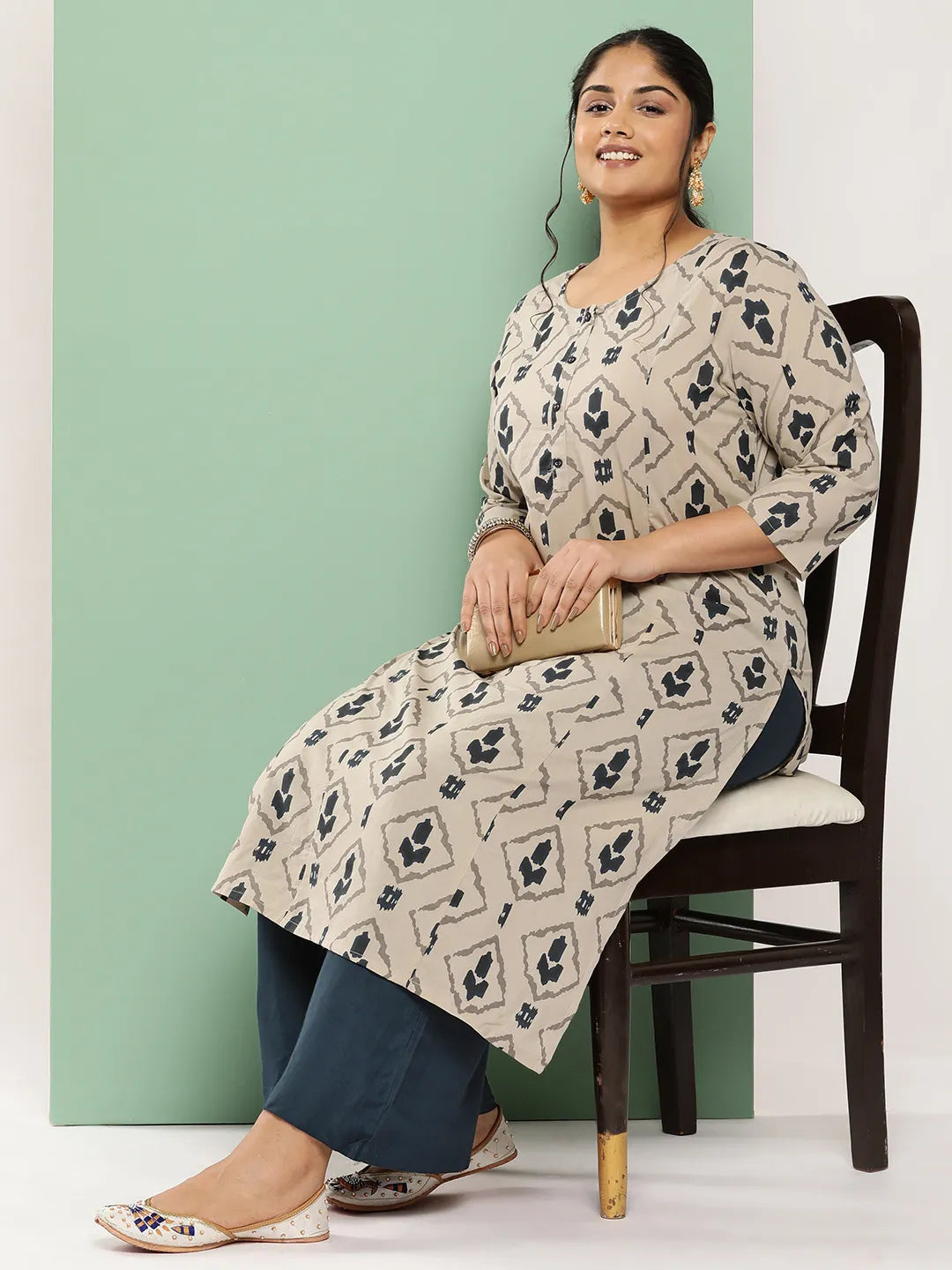 Beige-&-Navy-Blue-Pure-Cotton-Printed-Plus-Size-Kurta