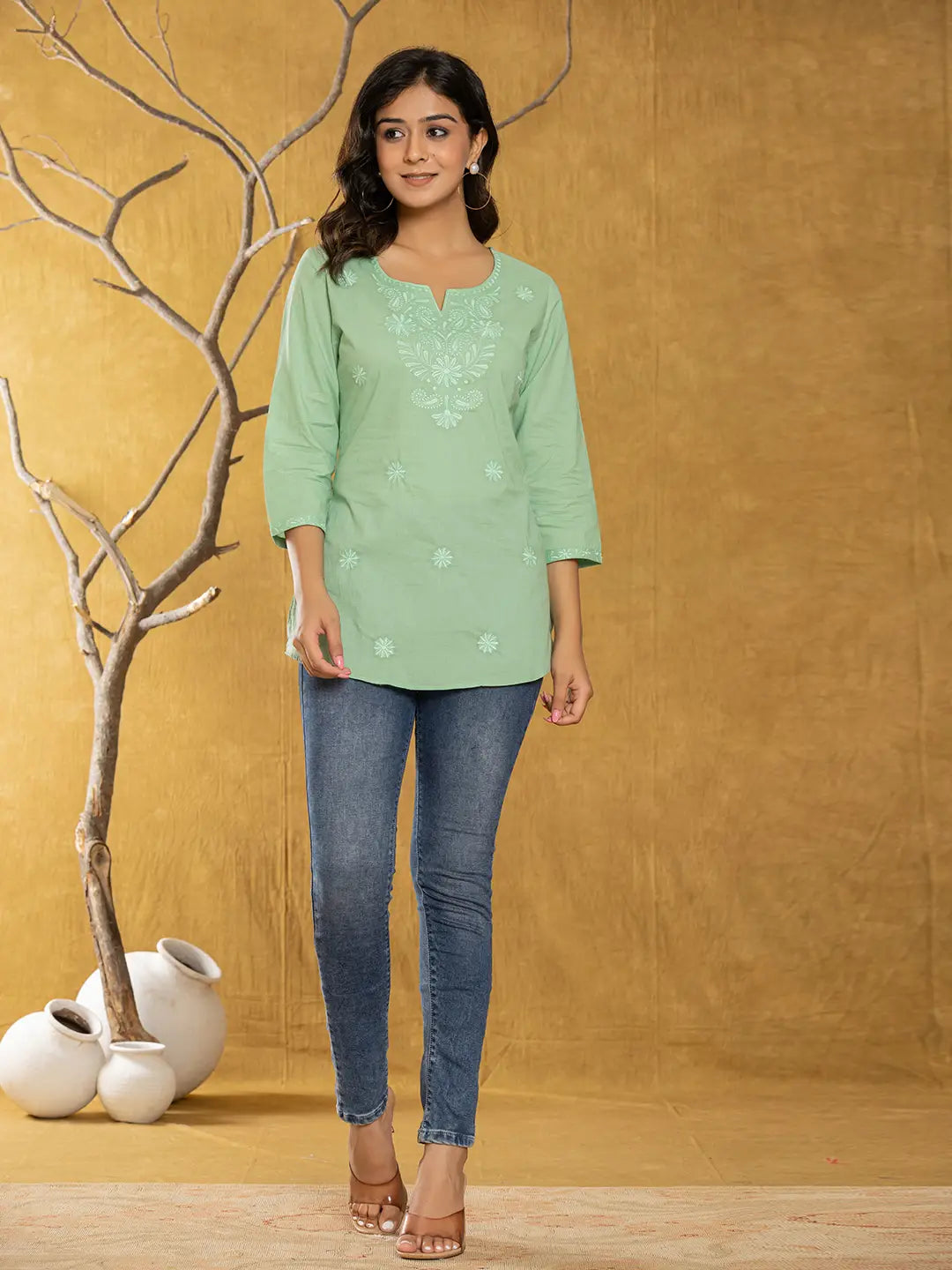 Green-Cotton-Chikankari-Striped-Regular-Top