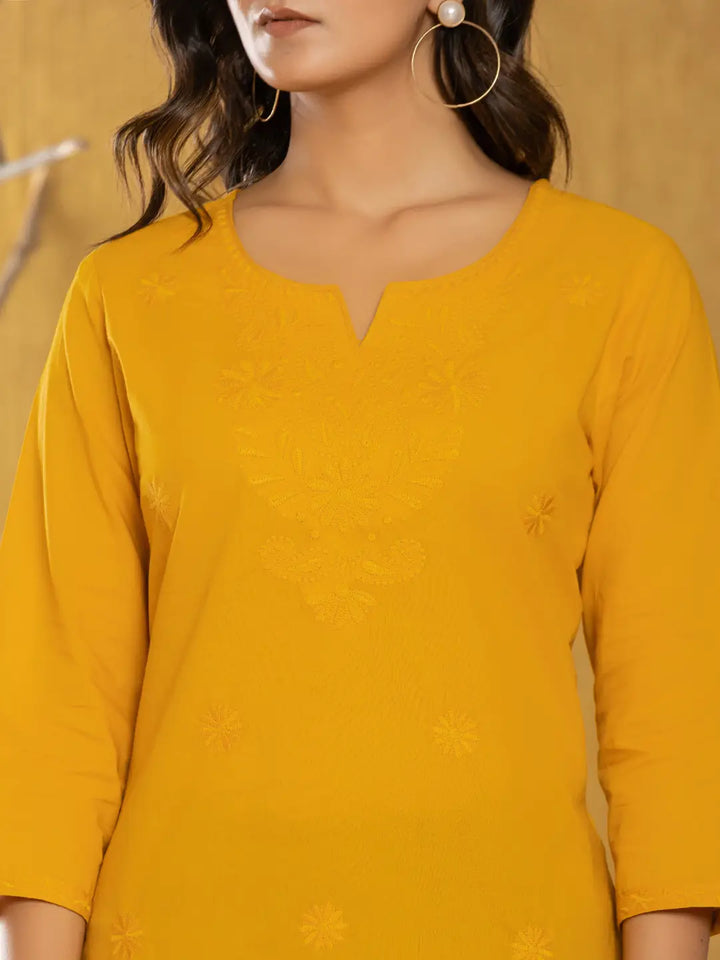 Mustard-Yellow-Cotton-Chikankari-Striped-Top