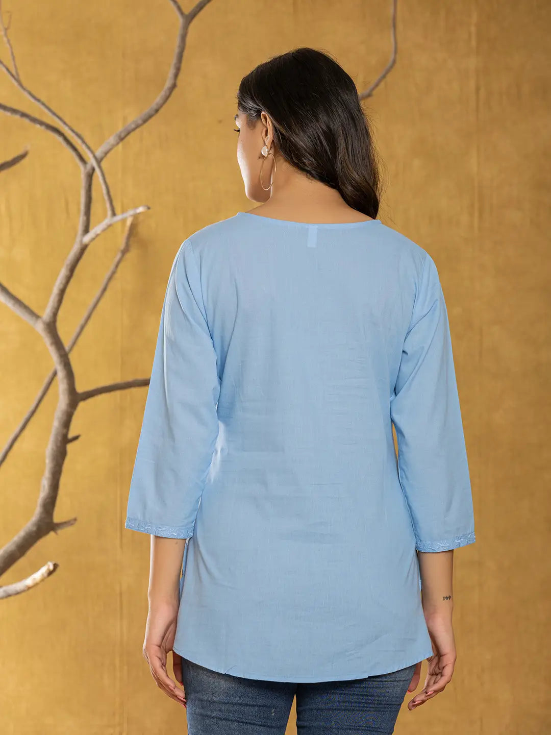 Sky-Blue-Cotton-Chikankari-Striped-Regular-Top