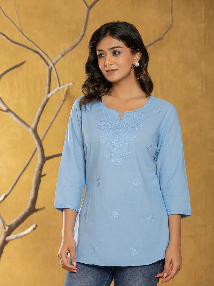 Sky-Blue-Cotton-Chikankari-Striped-Regular-Top