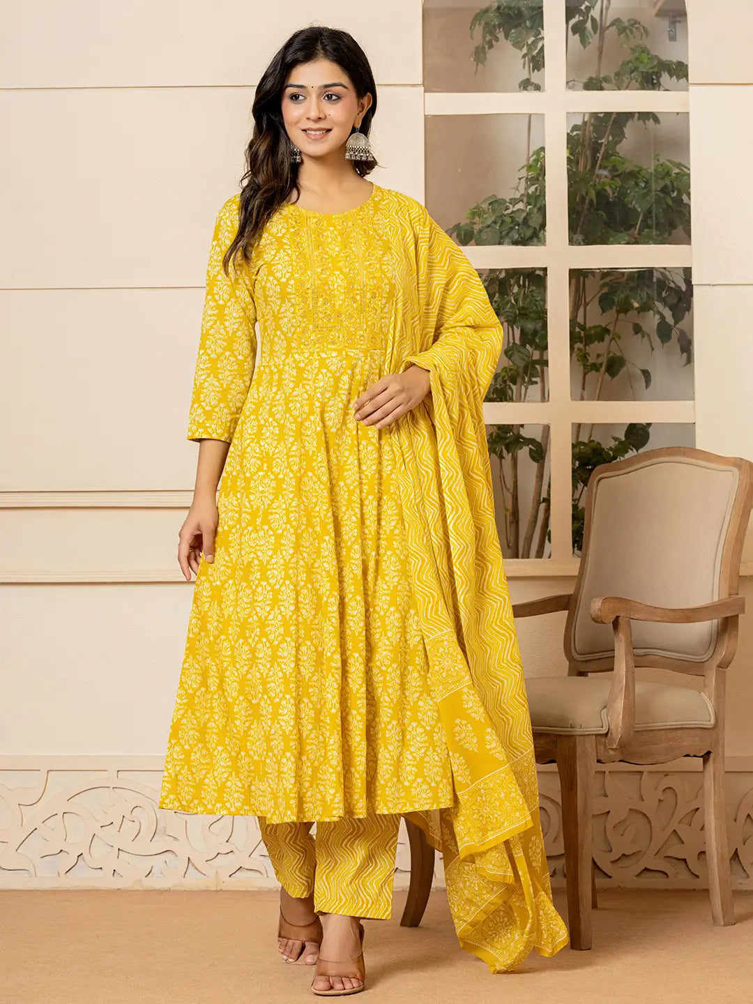 Yellow-Pure-Cotton-Ethnic-Motifs-Embroidered-Anarkali-Set