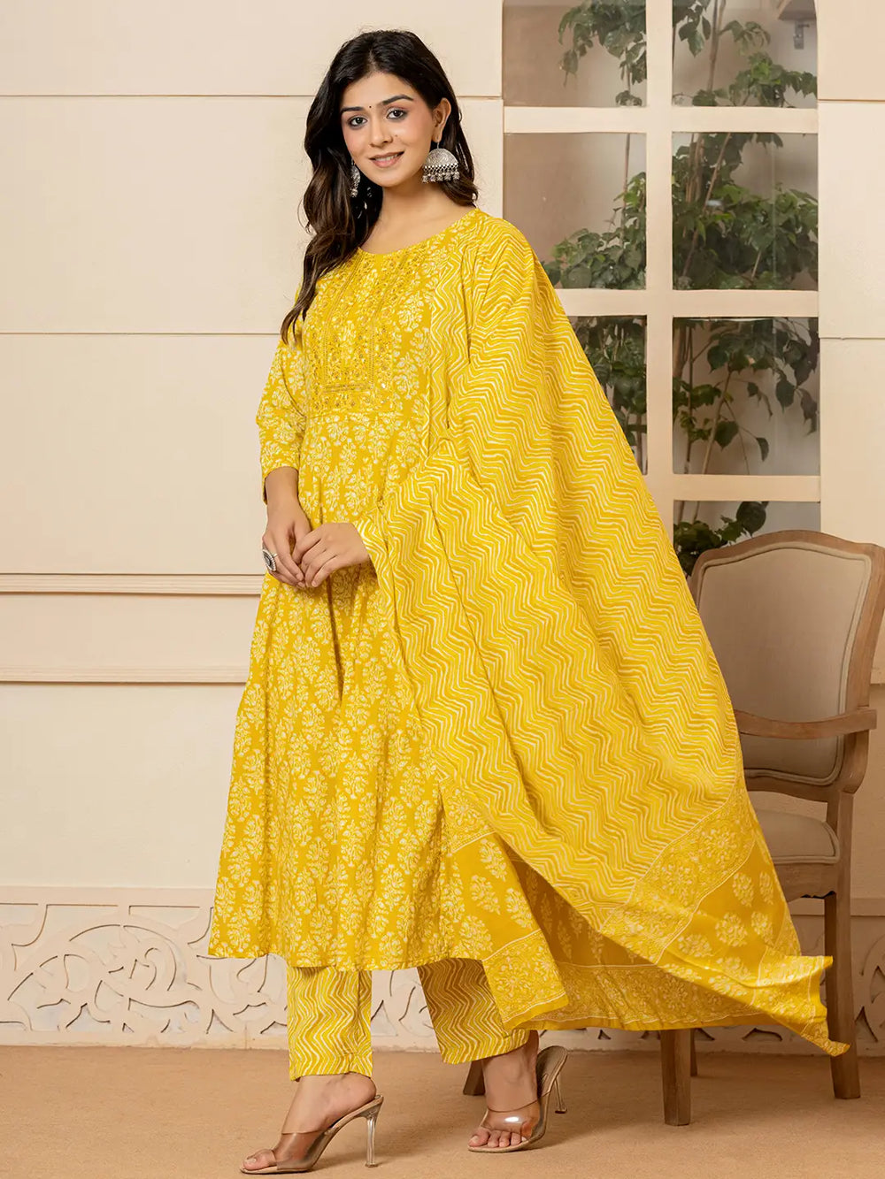 Yellow-Pure-Cotton-Ethnic-Motifs-Embroidered-Anarkali-Set