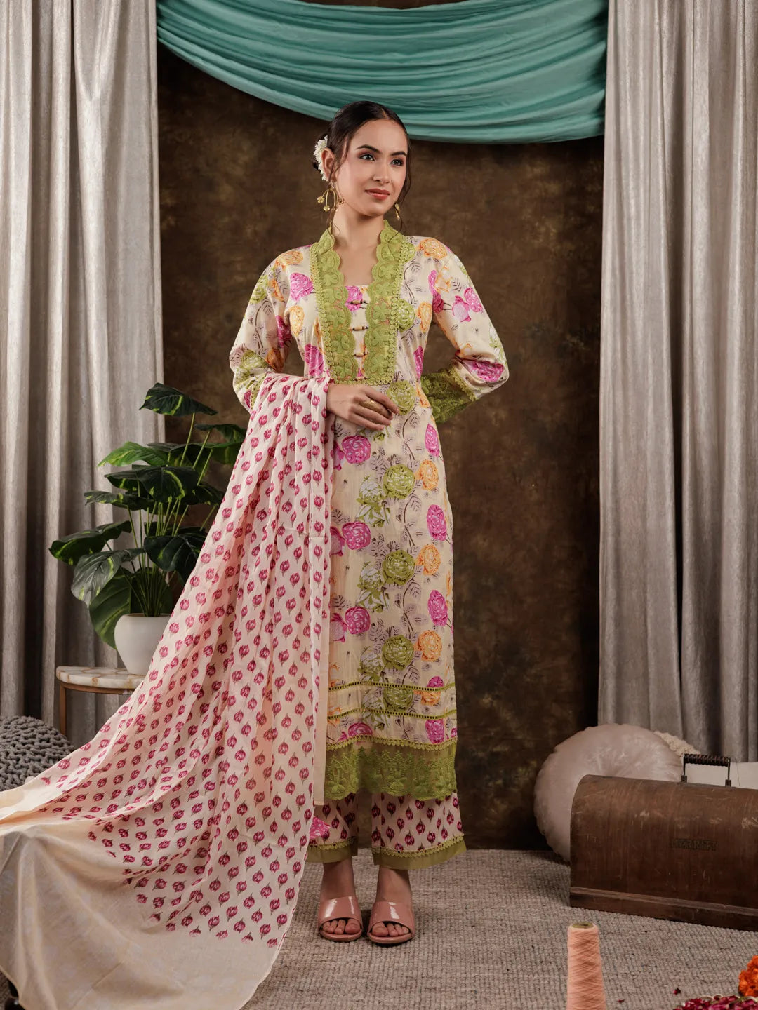 Yellow-Cotton-Floral-Print-Beads-Straight-3-Piece-Kurta-Set