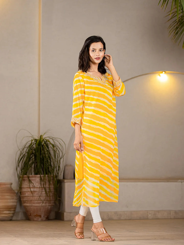 Yellow-Georgette-Lehriya-Embroidery-A-Line-Kurta