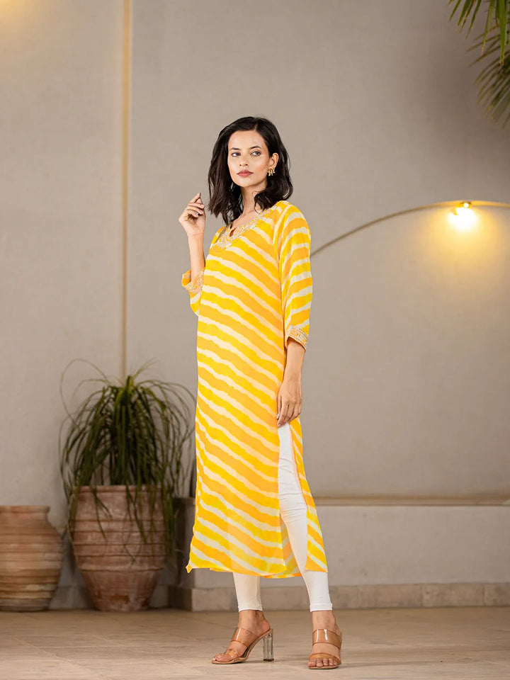 Yellow-Georgette-Lehriya-Embroidery-A-Line-Kurta