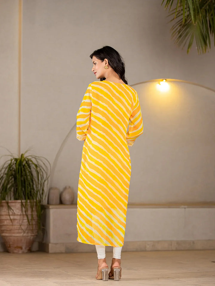 Yellow-Georgette-Lehriya-Embroidery-A-Line-Kurta