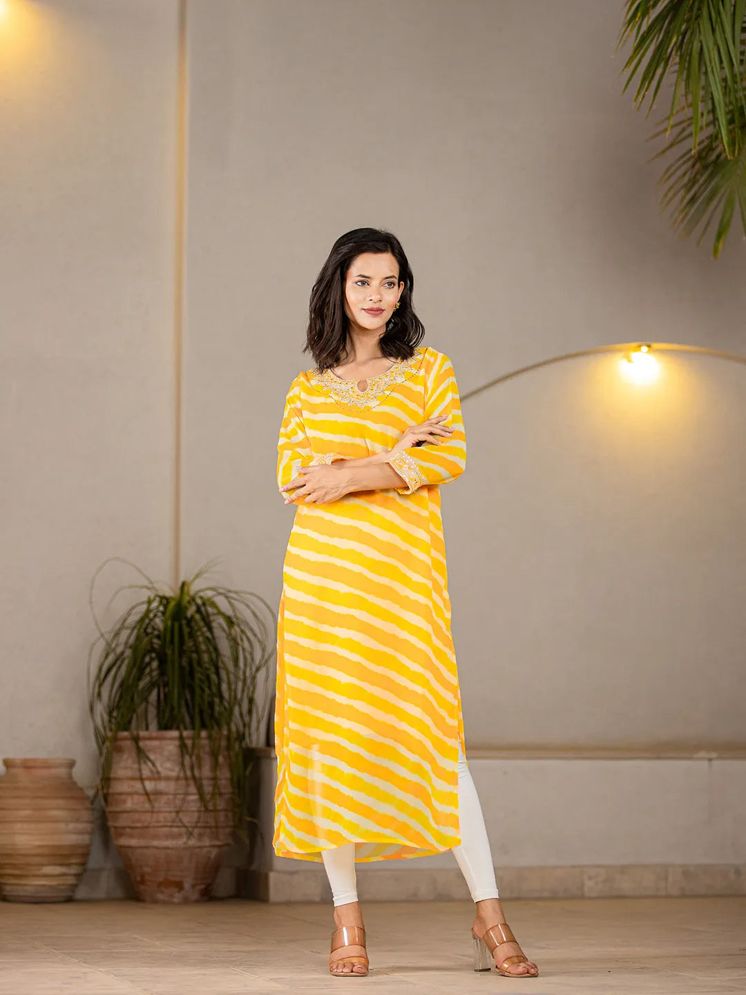 Yellow-Georgette-Lehriya-Embroidery-A-Line-Kurta