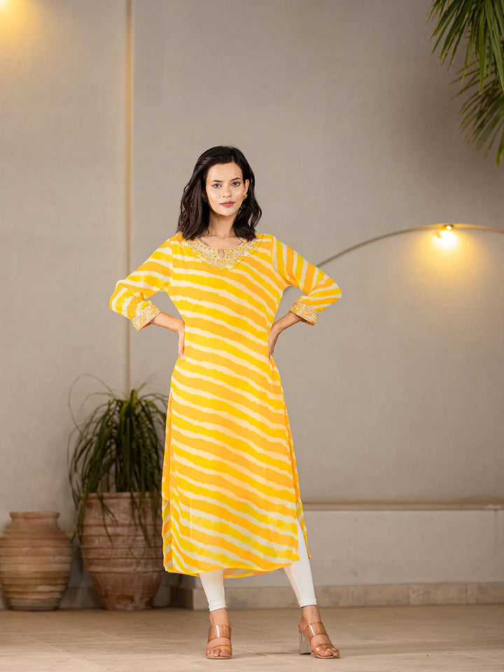 Yellow-Georgette-Lehriya-Embroidery-A-Line-Kurta