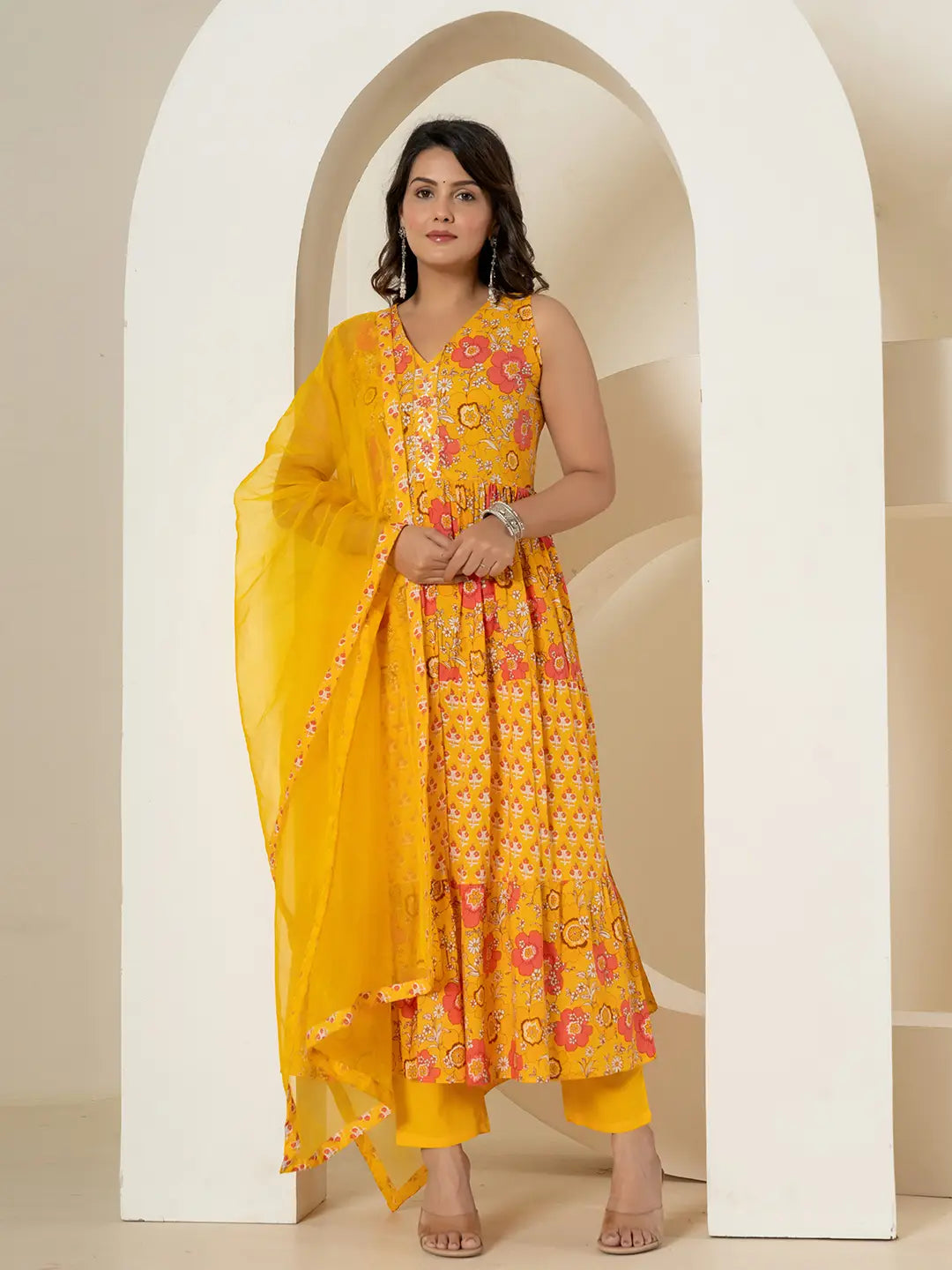 Yellow-Cotton-Fit-And-Flare-Tiered-3-Piece-Kurta-Set