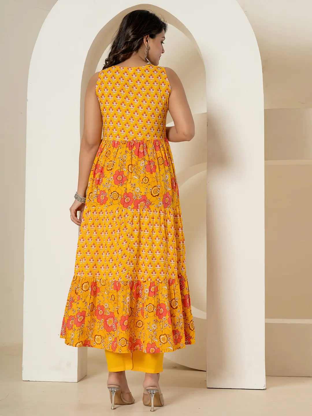 Yellow-Cotton-Fit-And-Flare-Tiered-3-Piece-Kurta-Set