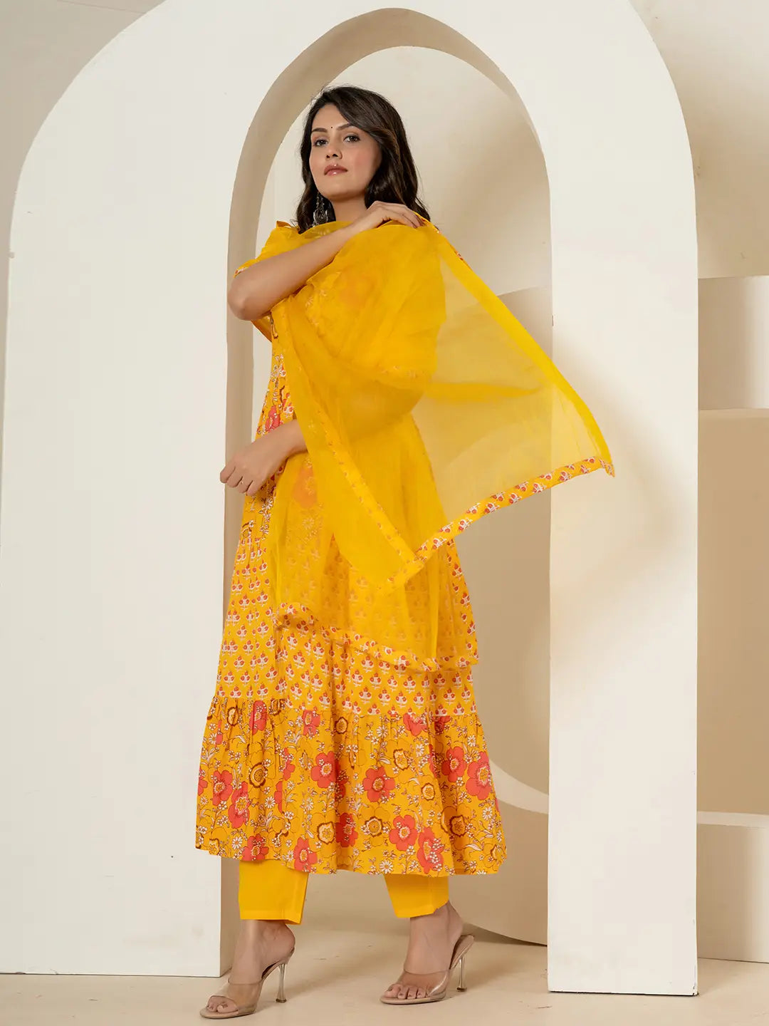 Yellow-Cotton-Fit-And-Flare-Tiered-3-Piece-Kurta-Set