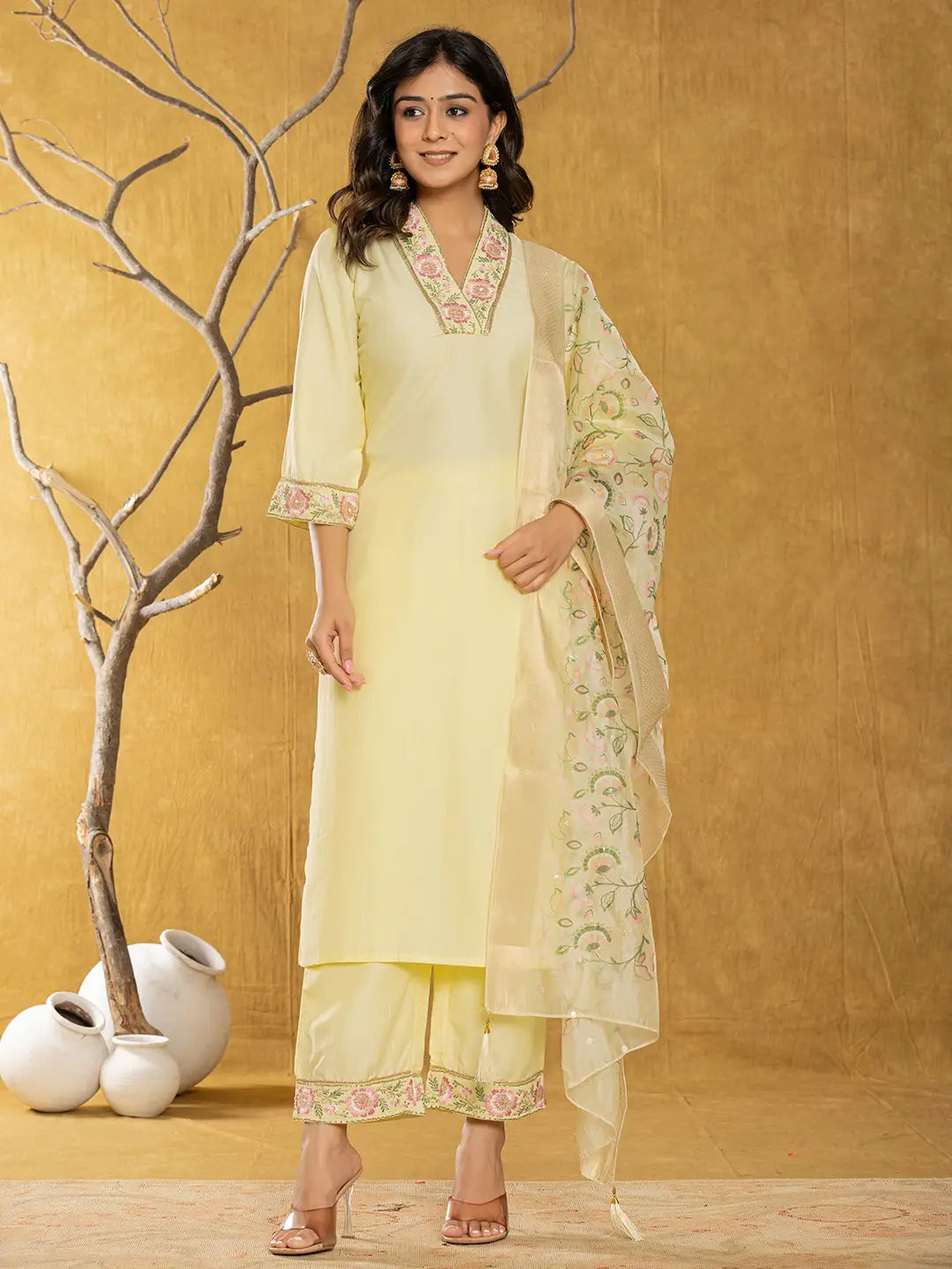 Yellow-Silk-Blend-Pakistani-Style-3-Piece-Kurta-Set