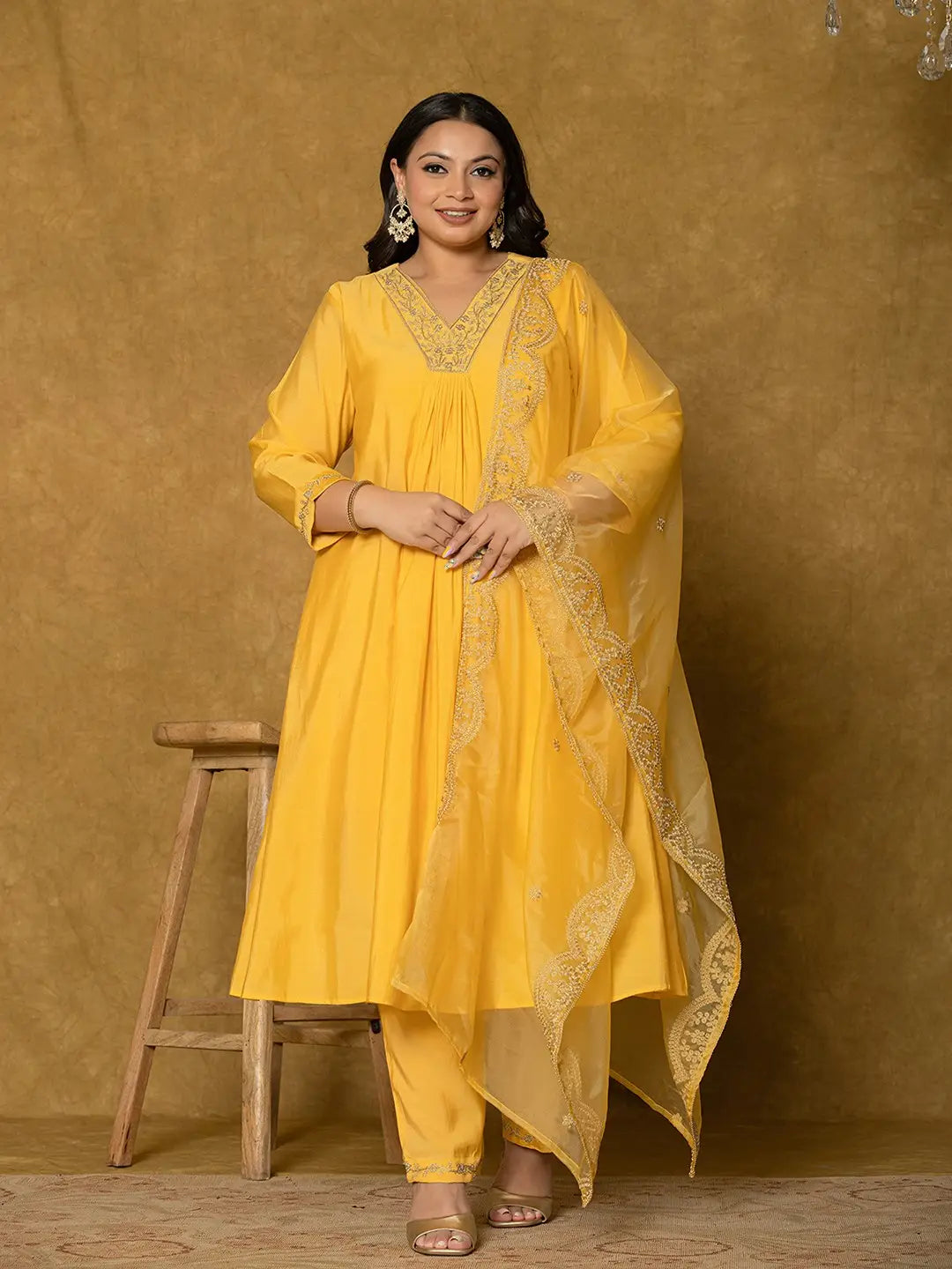 Yellow-Silk-Embroidered-Plus-Size-3-Piece-Kurta-Set