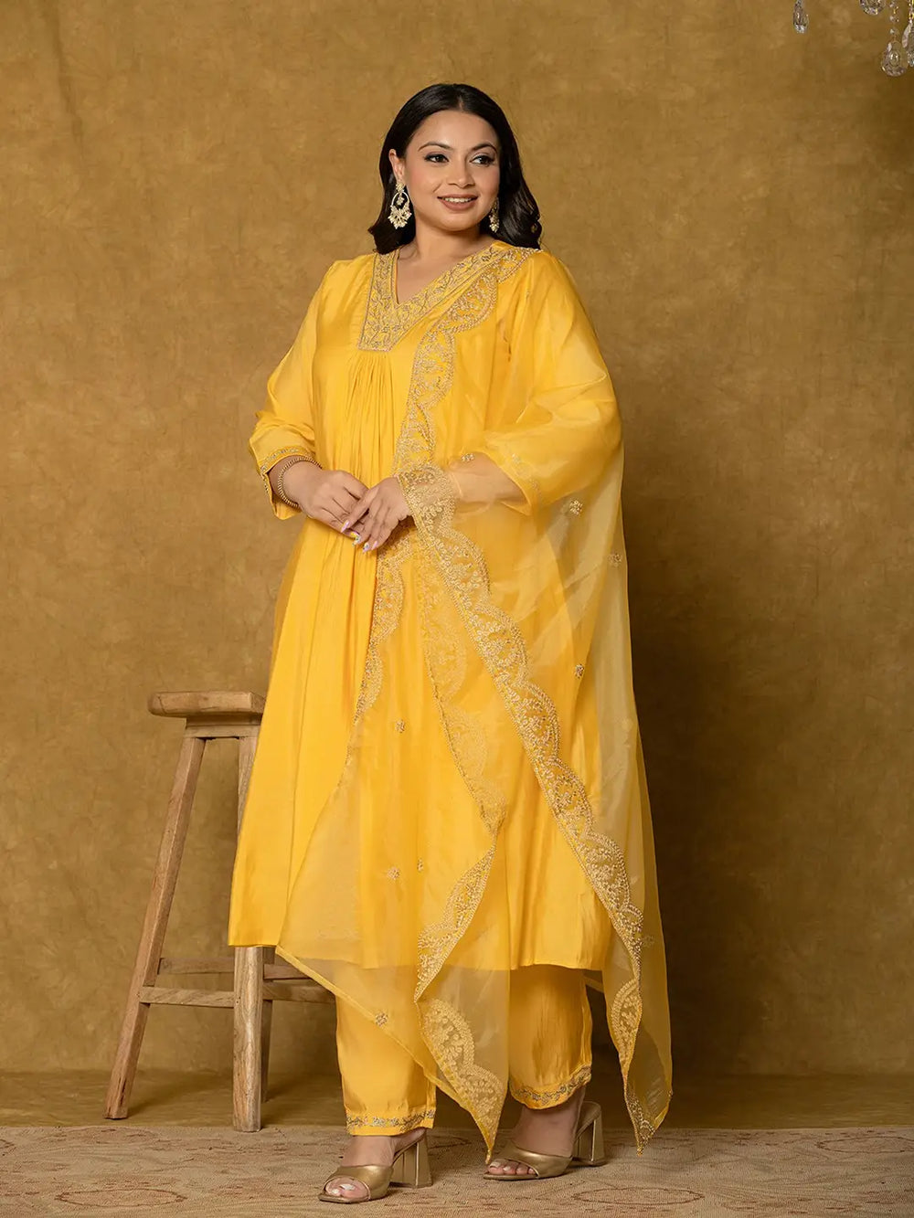 Yellow-Silk-Embroidered-Plus-Size-3-Piece-Kurta-Set