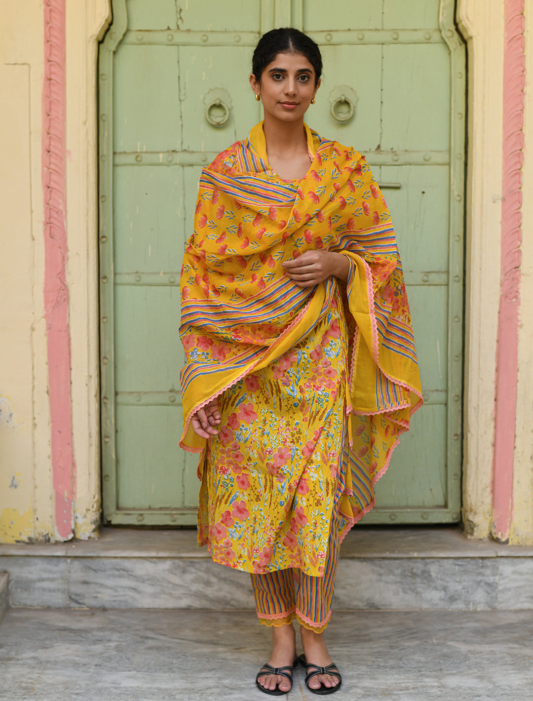 rangeelo-Floral-Printed-Regular-Pure-Cotton-Kurta-With-Trousers-&-Dupatta-RO196YELLOW