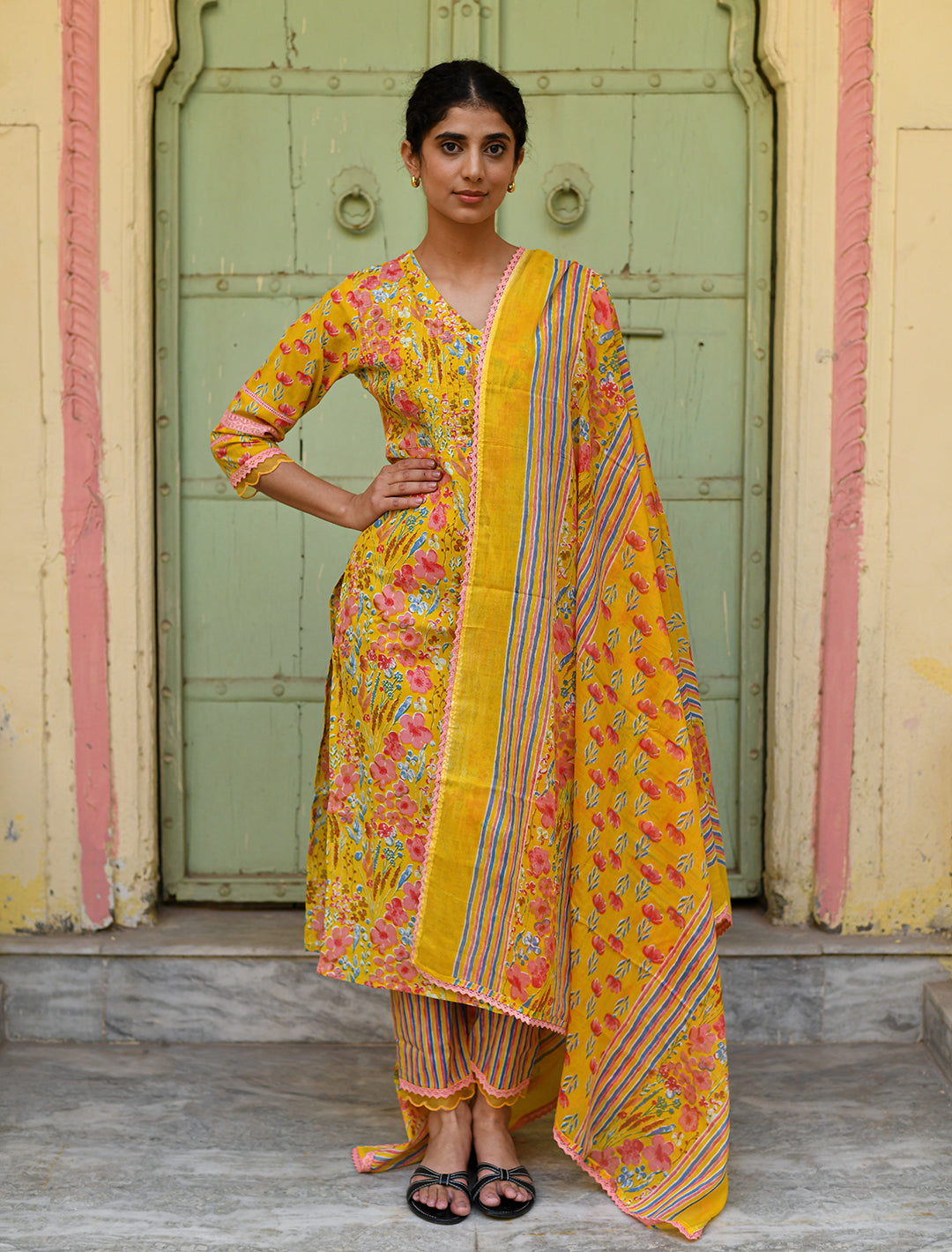 rangeelo-Floral-Printed-Regular-Pure-Cotton-Kurta-With-Trousers-&-Dupatta-RO196YELLOW