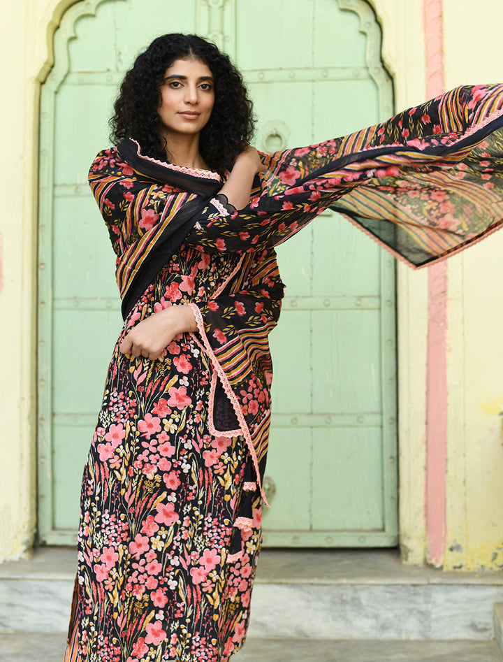 rangeelo-Floral-Printed-Regular-Pure-Cotton-Kurta-With-Trousers-&-Dupatta-RO196BLACK