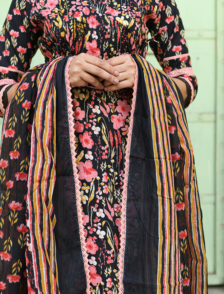 rangeelo-Floral-Printed-Regular-Pure-Cotton-Kurta-With-Trousers-&-Dupatta-RO196BLACK