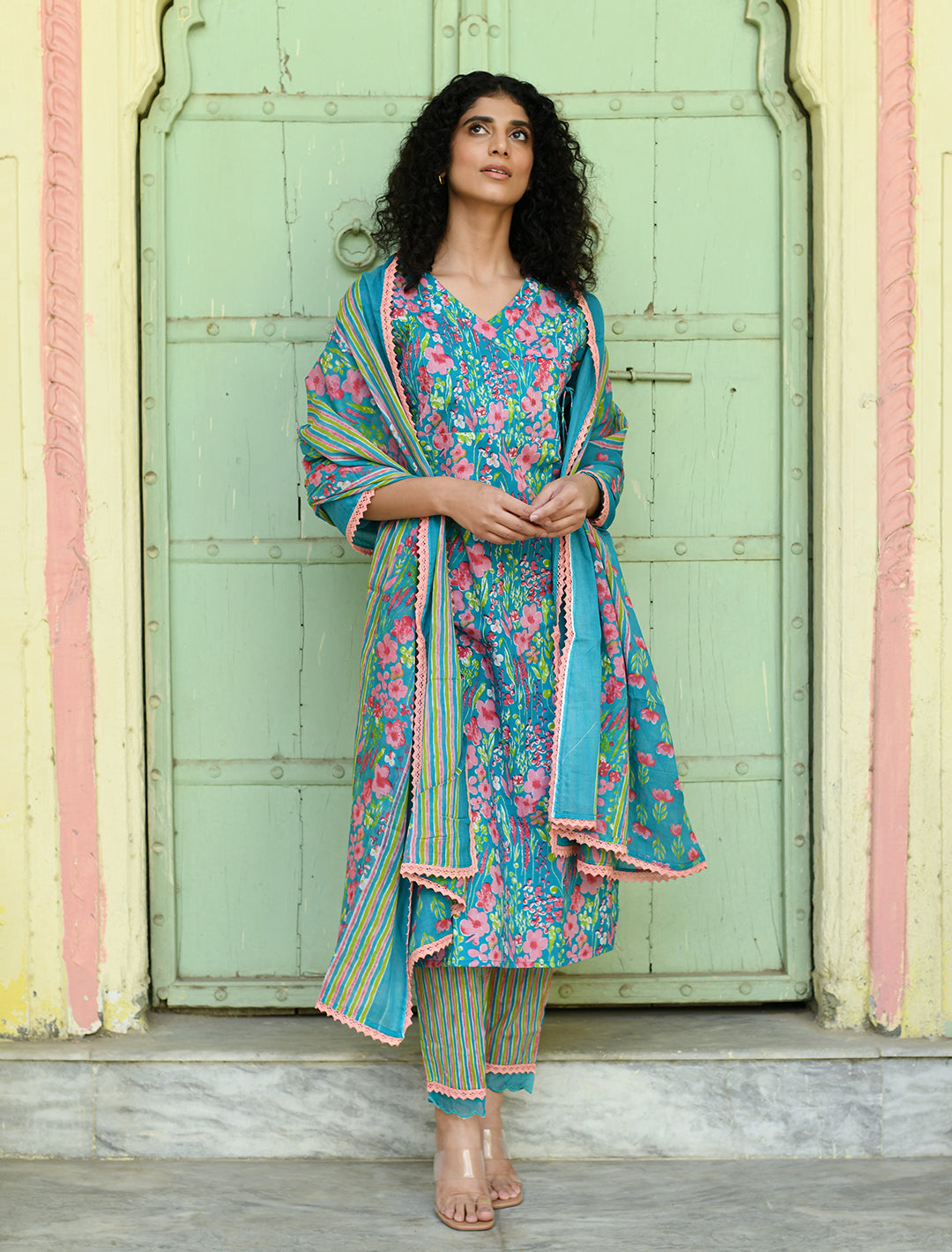 rangeelo-Floral-Printed-Regular-Pure-Cotton-Kurta-With-Trousers-&-Dupatta-RO196BLUE