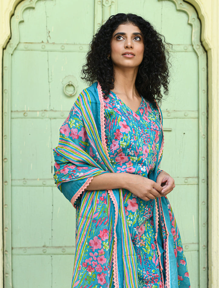 rangeelo-Floral-Printed-Regular-Pure-Cotton-Kurta-With-Trousers-&-Dupatta-RO196BLUE