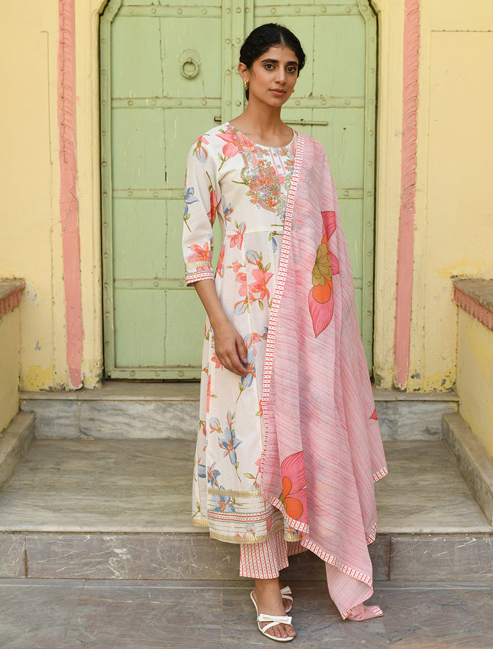 White & Pink Digital Print 3-Piece Kurta Set