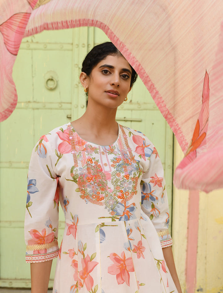 White & Pink Digital Print 3-Piece Kurta Set