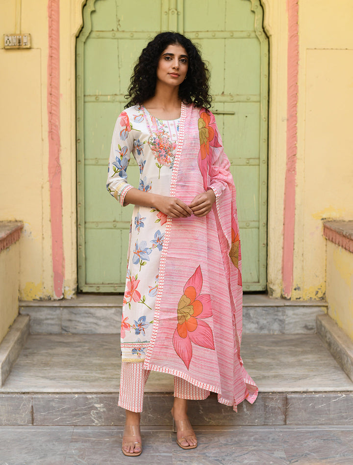 Floral Pink & Off-White Cotton Kurta Set