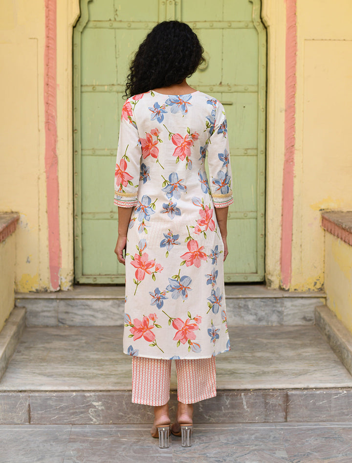 Floral Pink & Off-White Cotton Kurta Set