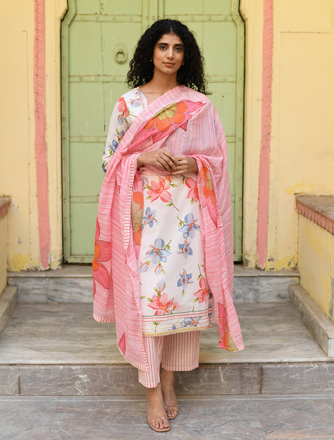 Floral Pink & Off-White Cotton Kurta Set