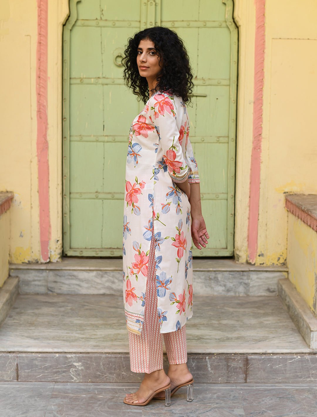 Floral Pink & Off-White Cotton Kurta Set