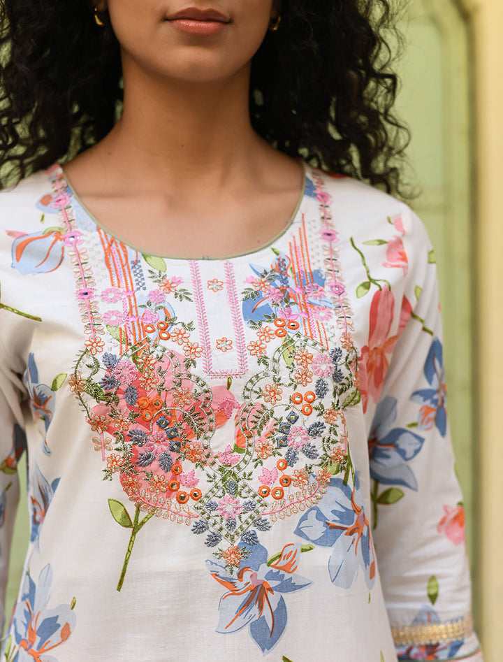 Floral Pink & Off-White Cotton Kurta Set