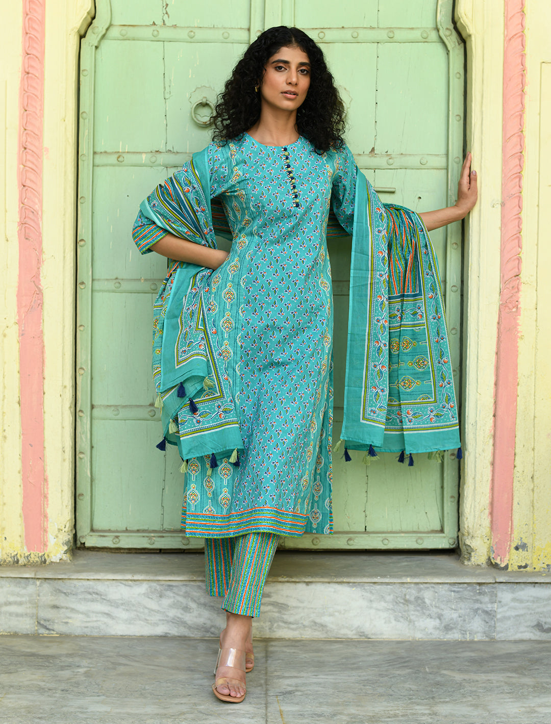 rangeelo-Floral-Printed-Regular-Pure-Cotton-Kurta-With-Trousers-&-Dupatta-RO194GREEN